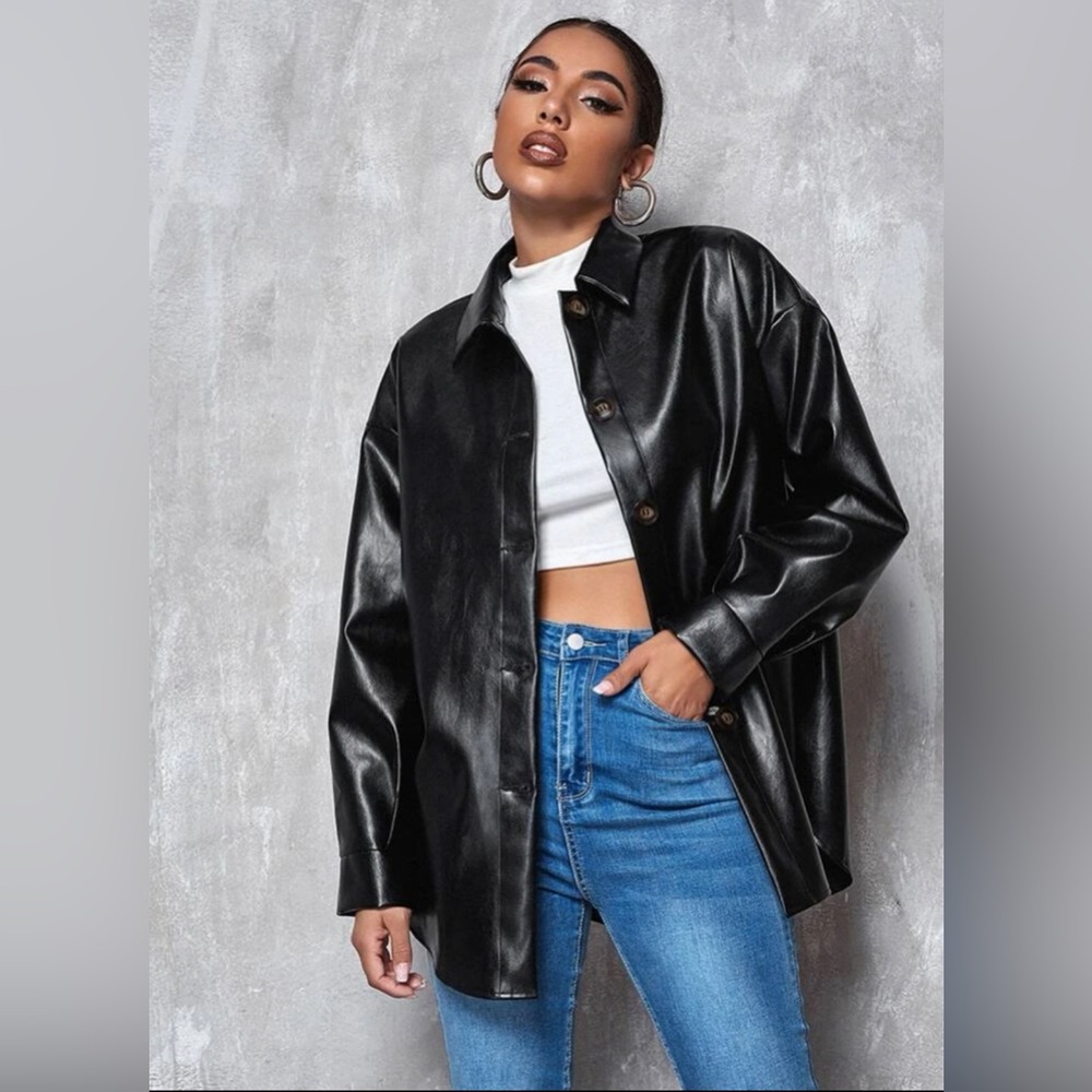 Coolane Drop Shoulder Buttoned PU Leather Coat